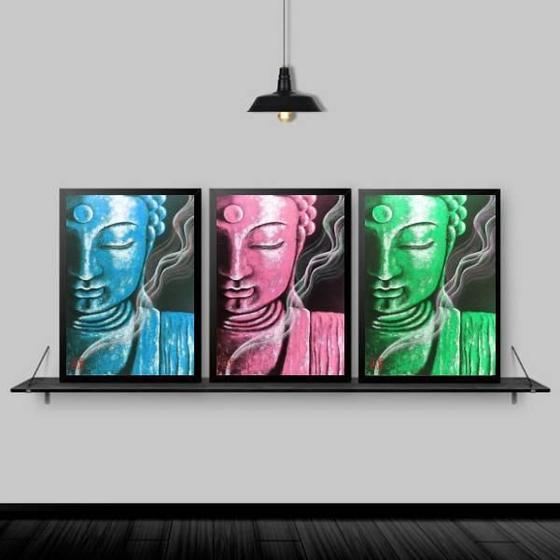 Imagem de Kit 3 Quadros Feng Shui Budas Coloridos 45X34 Moldura Branca