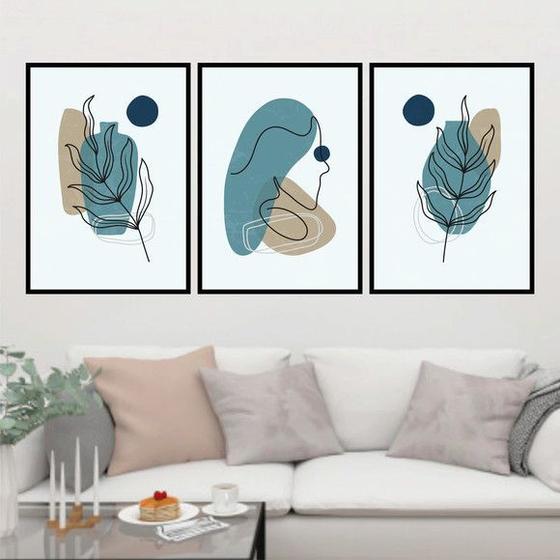 Imagem de Kit 3 Quadros Florais Boho Azul 45x34cm - com vidro