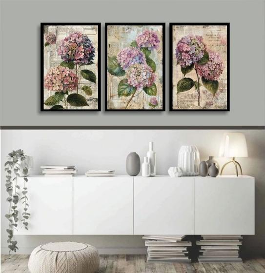 Imagem de Kit 3 Quadros Florais - Hortências 45x34cm - com vidro