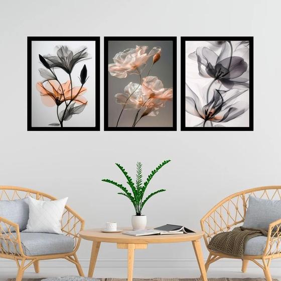 Imagem de Kit 3 Quadros Florais Nuances Cinza E Laranja 33X24Cm