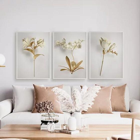 Imagem de Kit 3 Quadros Flores Brancas Com Dourado 24x18cm - com vidro