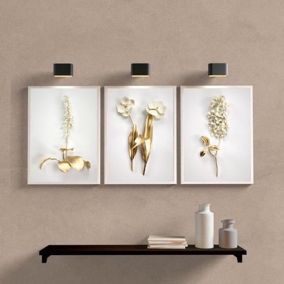 Imagem de Kit 3 Quadros Flores Dourado ComBranco 24x18cm - com vidro