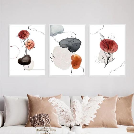 Imagem de Kit 3 Quadros Flores One Line Aquarela 33x24cm - com vidro