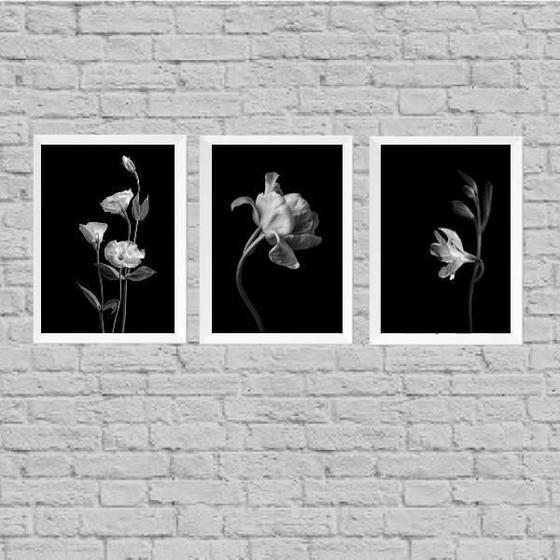 Imagem de Kit 3 Quadros Flores Preto E Branco 24X18Cm - Preta