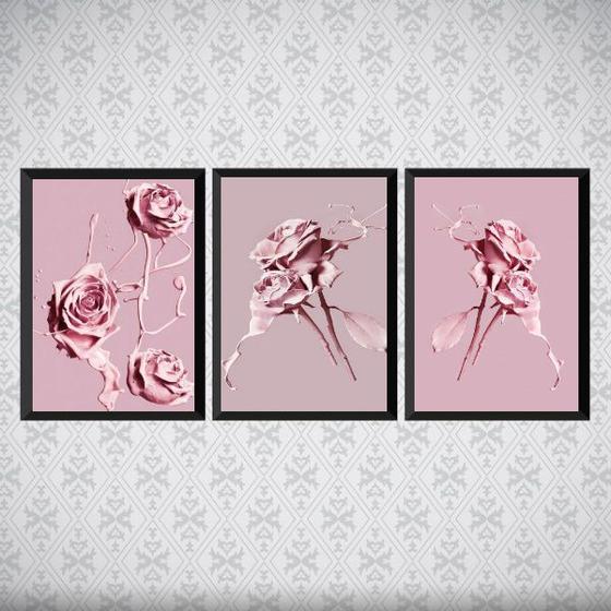 Imagem de Kit 3 Quadros Flores Rosas Tinta 24x18cm - com vidro