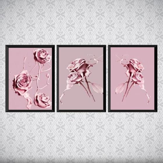 Imagem de Kit 3 Quadros Flores Rosas Tinta 33X24Cm - Com Vidro