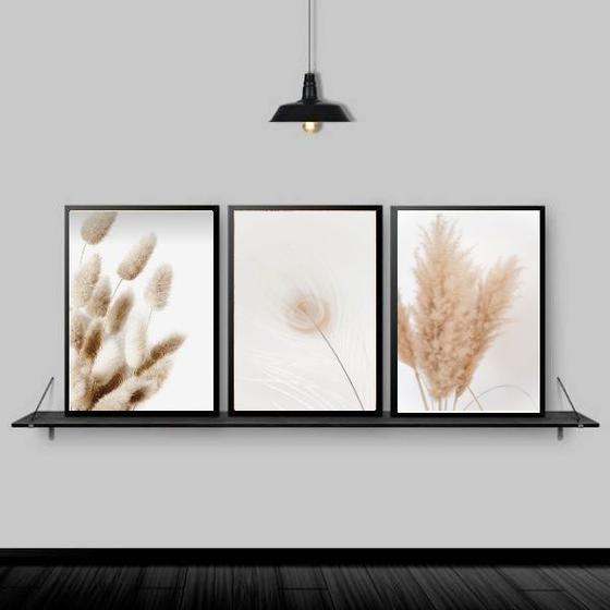 Imagem de Kit 3 Quadros Flores Secas Bege 33x24cm - com vidro