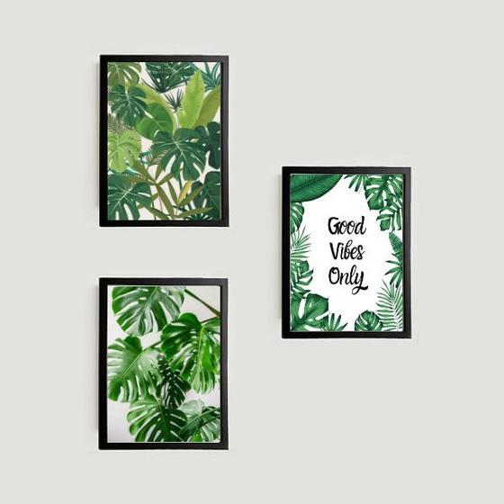 Imagem de Kit 3 Quadros Folhagens Good Vibes Only 45x34cm - com vidro