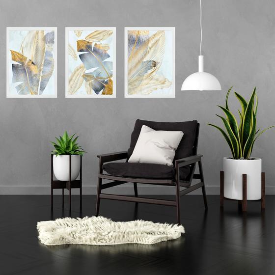 Kit 3 Quadros Folhas Bananeira Prata e Dourado 45x34cm