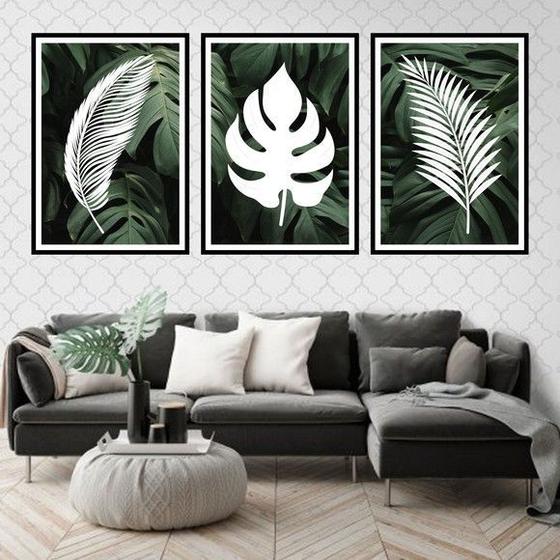 Imagem de Kit 3 Quadros Folhas Tropicais Branco 24x18cm