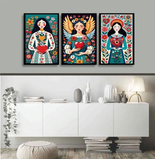 Imagem de Kit 3 Quadros Folk Art - Mulheres Coração 33x24cm - com vidro