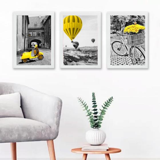 Imagem de Kit 3 Quadros Fotografias Cidades Preto BrancoAmarelo 33x24cm - com vidro