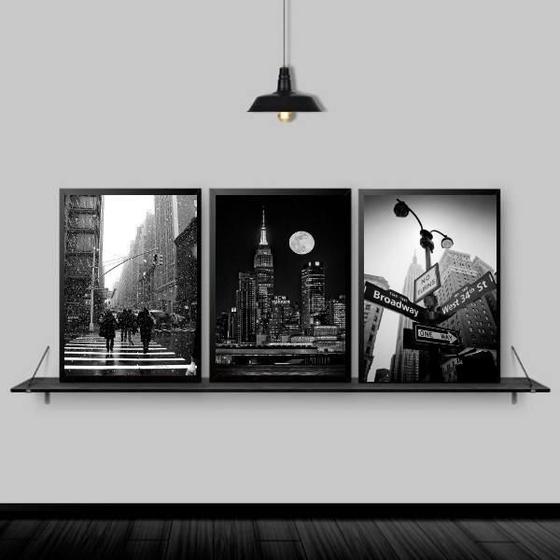 Imagem de Kit 3 Quadros Fotografias New York 33X24Cm Moldura Preta