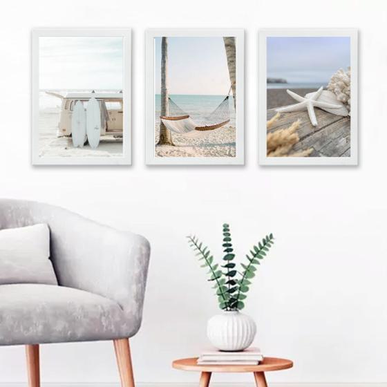 Imagem de Kit 3 Quadros Fotografias Praia SoftBranca 45x34cm - com vidro