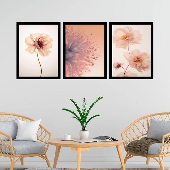 Imagem de Kit 3 Quadros Fotos Modernas Flores Tons Pêssego 45X34Cm