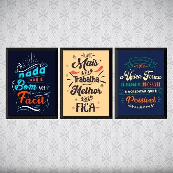 Imagem de Kit 3 Quadros Frase Motivacional Trabalho 45X34 Vidro Branca