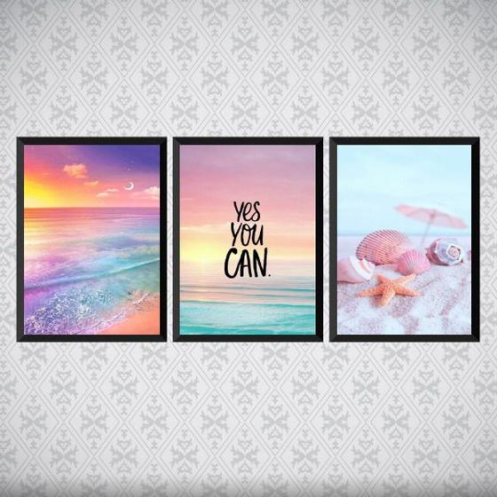 Imagem de Kit 3 Quadros Frase Praia Motivacional 45x34cm