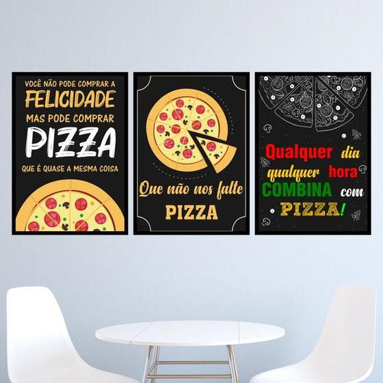 Imagem de Kit 3 Quadros Frases Pizza 24x18cm - com vidro