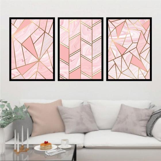 Imagem de Kit 3 Quadros Geométrico Rosa/Dourado 60X40Cm Moldura Preta