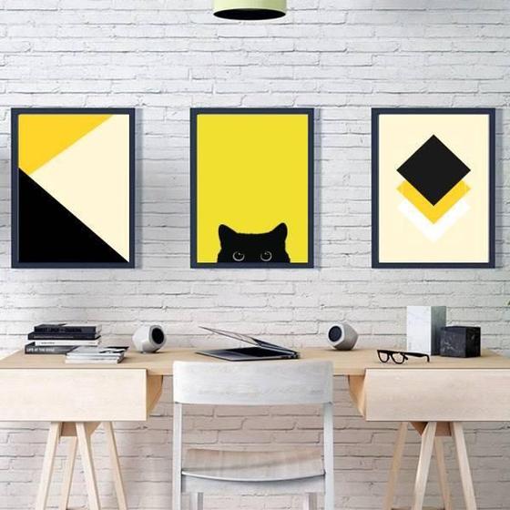 Imagem de Kit 3 Quadros Geométricos Gato Preto/Amarelo 33X24Cm Branca