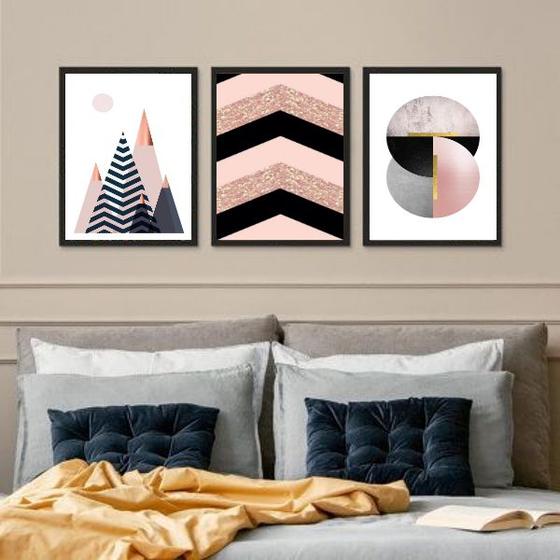 Imagem de Kit 3 Quadros Geométricos Quarto Rosa e Preto 33x24cm - com vidro