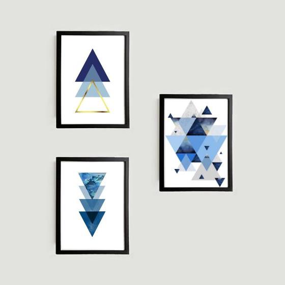 Imagem de Kit 3 Quadros Geométricos Triângulos Azuis 33x24cm - com vidro