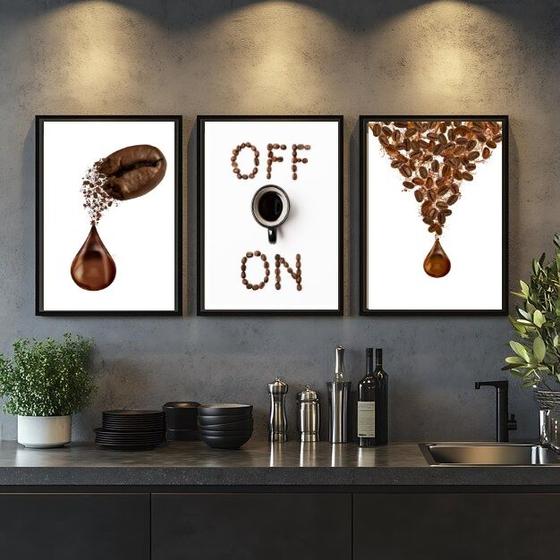 Imagem de Kit 3 Quadros Grãos De Café Gotas - ON OFF 33x24cm - com vidro