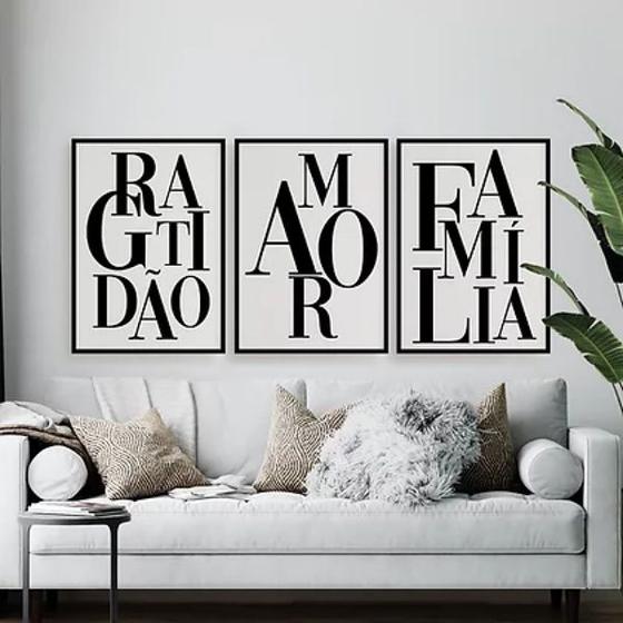 Imagem de Kit 3 Quadros Gratidão Amor E Família 24x18cm - com vidro