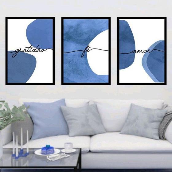 Imagem de Kit 3 Quadros Gratidão, Fé, Amor - Azul 60x40cm