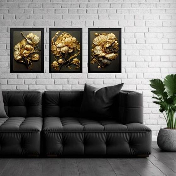 Imagem de Kit 3 Quadros Gravuras Flores Douradas 45x34cm - com vidro