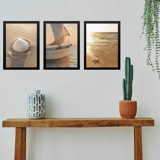 Imagem de Kit 3 Quadros Gravuras Praia Bege - Barco e Conchas 45x34cm