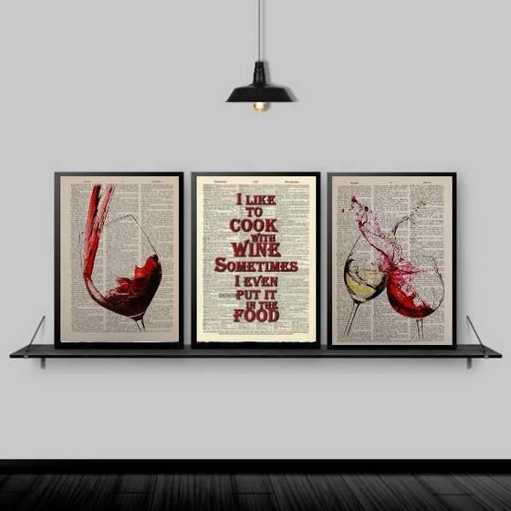 Imagem de Kit 3 Quadros I Like To Cook With Wine 33X24Cm