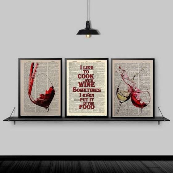 Imagem de Kit 3 Quadros I Like To Cook With Wine 45x34cm