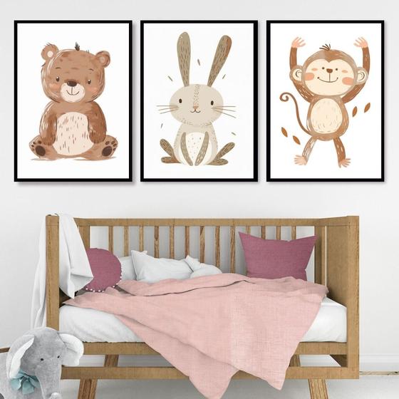 Imagem de Kit 3 Quadros Infantis Animais Minimalistas 33x24cm - com vidro