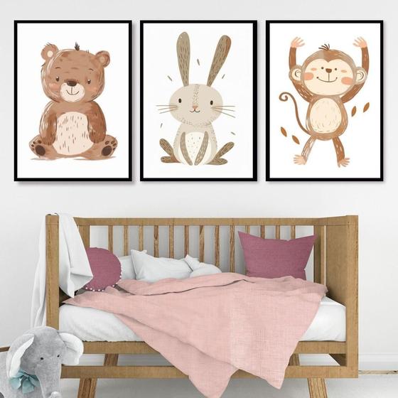 Imagem de Kit 3 Quadros Infantis Animais Minimalistas 33X24Cm