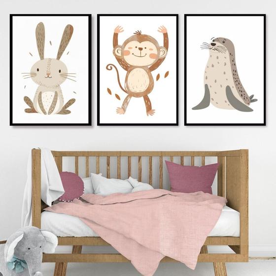 Imagem de Kit 3 Quadros Infantis Animais Neutros 45x34cm - com vidro