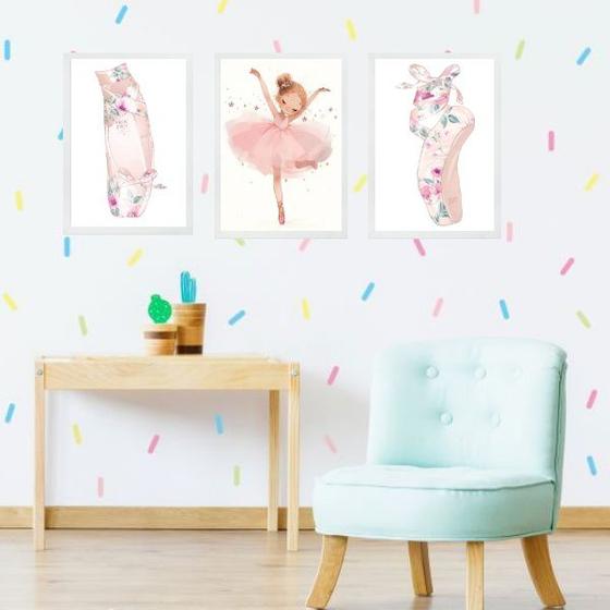 Imagem de Kit 3 Quadros Infantis Bailarina Floral 45x34cm - com vidro