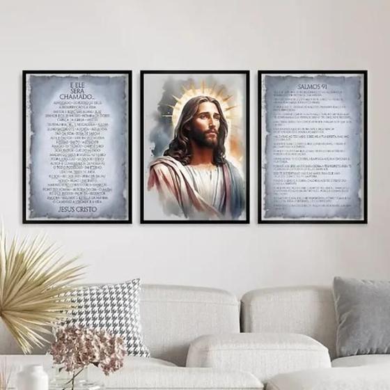 Imagem de Kit 3 Quadros Jesus Aquarela - Salmos 45X34Cm - Com Vidro