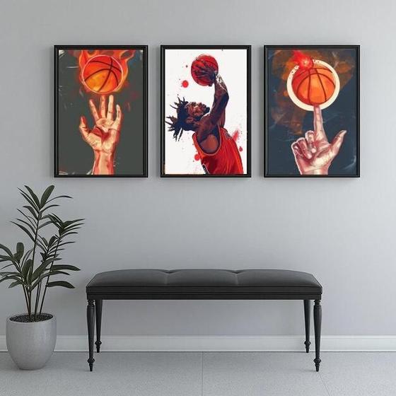 Imagem de Kit 3 Quadros Jogador De Basquete 33X24Cm