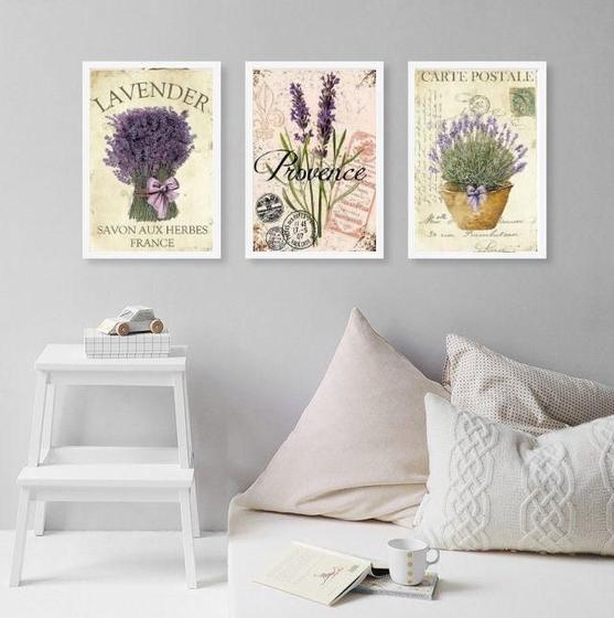 Imagem de Kit 3 Quadros Lavanda Francesa 45x34cm - Vidro e Moldura Preta