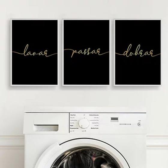 Imagem de Kit 3 Quadros Lavar Passar Dobrar Lavanderia 33x24cm - com vidro