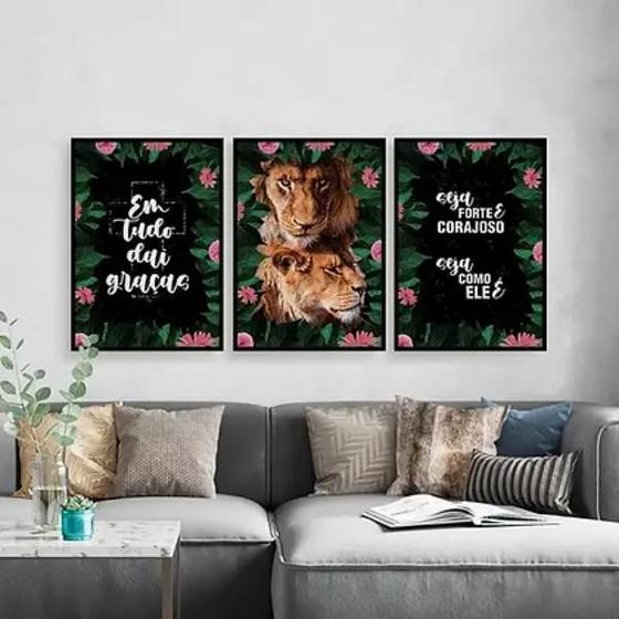 Imagem de Kit 3 Quadros Leão e Leoa Frases Religiosas 33x24cm - com vidro