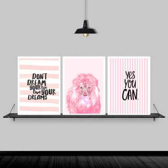 Imagem de Kit 3 Quadros Leão Rosa Yes You Can 45x34cm