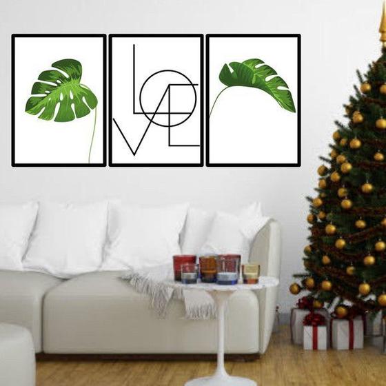 Imagem de Kit 3 Quadros Love Folhas Tropicais Verdes 60x40cm