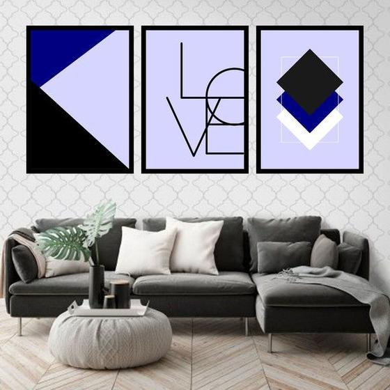 Imagem de Kit 3 Quadros Love Geométrico Azul Escuro 45x34cm - com vidro