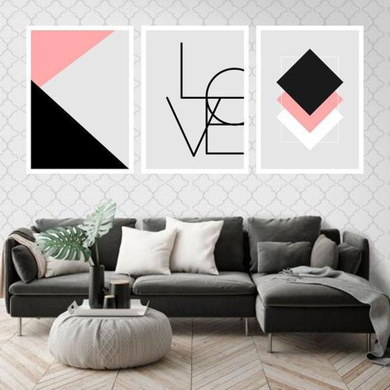 Imagem de Kit 3 Quadros Love Geométrico Rosa e Branco 60x40cm