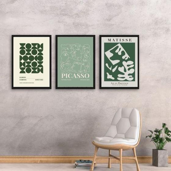 Imagem de Kit 3 Quadros Matisse Picasso Bauhaus Verde 24x18cm - com vidro