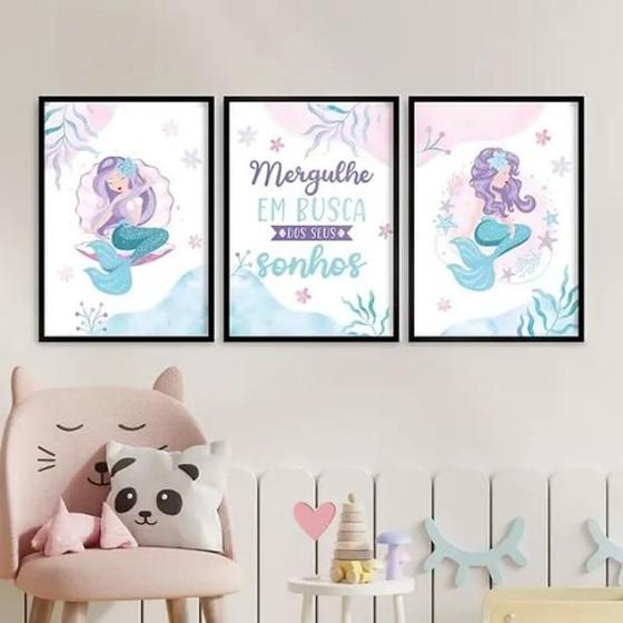 Imagem de Kit 3 Quadros Menina - Sereias Sonhos 45X34Cm