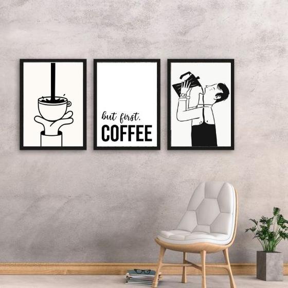 Imagem de Kit 3 Quadros Minimalistas Café - First Coffee 33x24cm