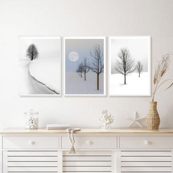 Imagem de Kit 3 Quadros Minimalistas Paisagens Neve- Árvores 24x18cm - com vidro